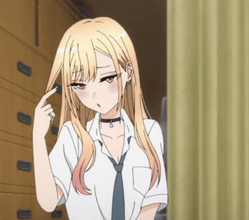 A Girl With Blonde Hair And A Choker Is Standing In Front Of A Curtain GIF
