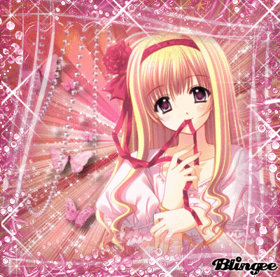 A Girl With Blonde Hair And A Pink Headband Is Surrounded By Pink Beads And Butterflies And Says Blingee On The Bottom GIF