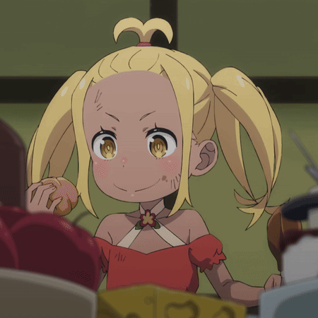 A Girl With Blonde Hair And A Red Dress Holds A Donut GIF