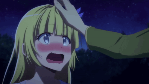 A Girl With Blonde Hair And Blue Eyes Is Being Touched By A Man GIF