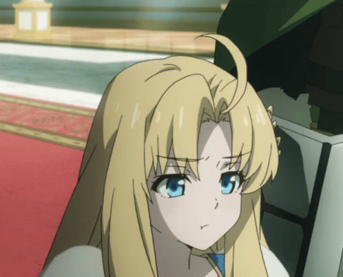A Girl With Blonde Hair And Blue Eyes Is Looking At Something GIF