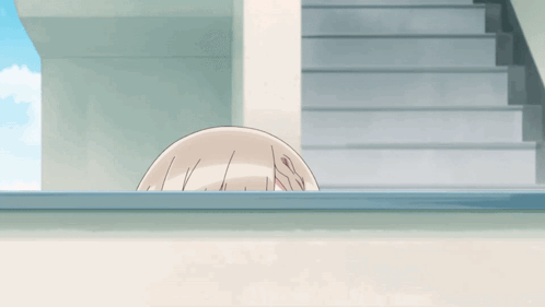 A Girl With Blonde Hair And Blue Eyes Is Peeking Over A Ledge GIF