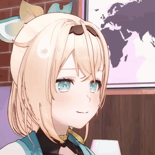 A Girl With Blonde Hair And Blue Eyes Is Smiling In Front Of A World Map GIF