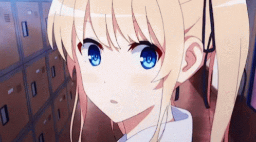 A Girl With Blonde Hair And Blue Eyes Is Standing In A Hallway Next To Lockers . GIF