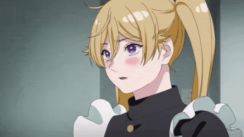 A Girl With Blonde Hair And Blue Eyes Is Wearing A Black Dress GIF