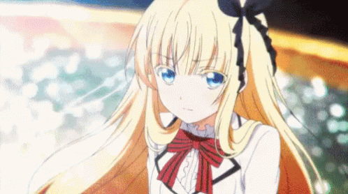 A Girl With Blonde Hair And Blue Eyes Is Wearing A Red Bow Tie And A White Dress . GIF