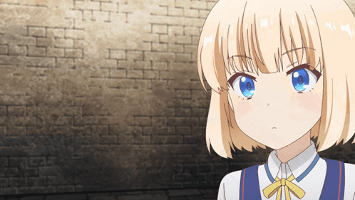A Girl With Blonde Hair And Blue Eyes Is Wearing A White Shirt And Blue Vest GIF