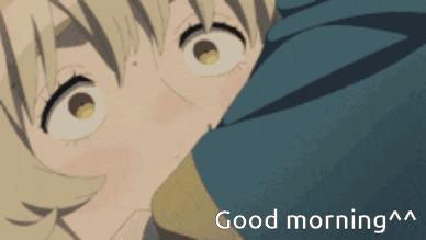 A Girl With Blonde Hair And Green Eyes Is Laying On A Bed With The Words " Good Morning " Below Her GIF