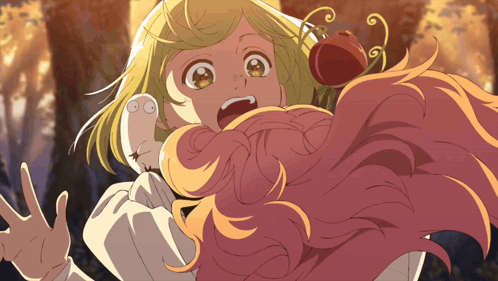 A Girl With Blonde Hair And Pink Hair Is Holding A Red Apple In Her Mouth GIF