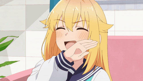 A Girl With Blonde Hair Is Covering Her Face With Her Hand GIF