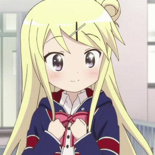 A Girl With Blonde Hair Is Wearing A Blue And Red Jacket GIF