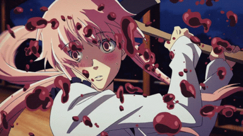 A Girl With Blood On Her Face Is Holding A Large Axe GIF