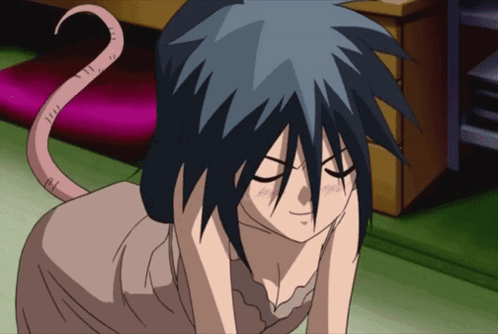 A Girl With Blue Hair And A Pink Tail Looks Down GIF