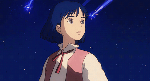 A Girl With Blue Hair And A Pink Vest Looks Up At The Stars GIF