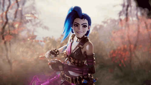 a girl with blue hair and a ponytail is smiling
