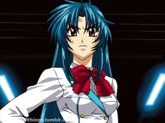 A Girl With Blue Hair And A Red Bow Tie Stands In Front Of A Blue Light GIF