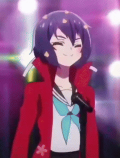 A Girl With Blue Hair And A Red Jacket Is Holding A Microphone And Smiling GIF