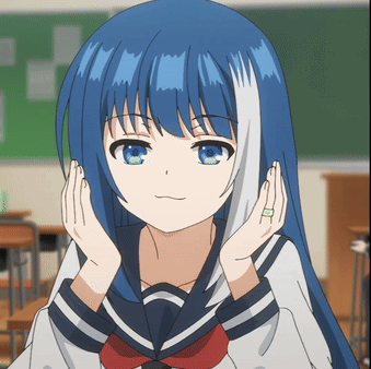 A Girl With Blue Hair And A Ring On Her Finger Holds Her Hands To Her Face GIF