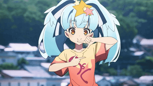 A Girl With Blue Hair And A Star On Her Head Is Wearing A Shirt That Says ' S ' On It GIF