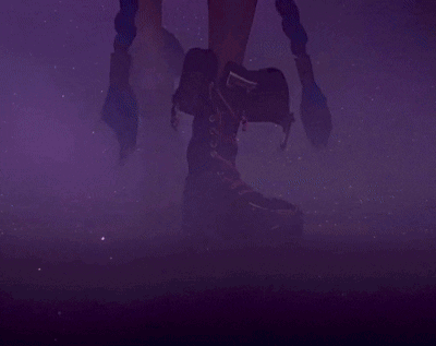 A Girl With Blue Hair And A Tattoo On Her Arm Is Standing In Front Of A Purple Sky . GIF