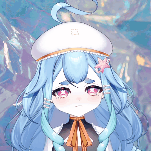 A Girl With Blue Hair And A White Hat With A Starfish On It GIF