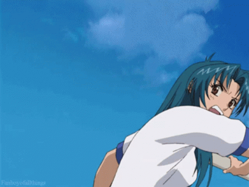 A Girl With Blue Hair And A White Shirt Is Screaming In Front Of A Blue Sky With The Words Fanboy Of All Things Below He GIF