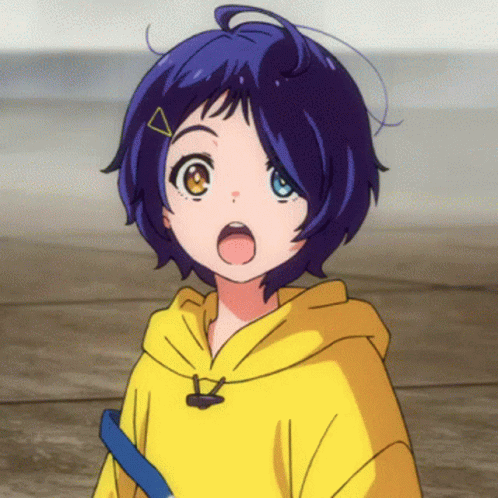 A Girl With Blue Hair And A Yellow Hoodie Looks Surprised GIF