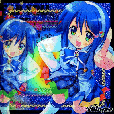 A Girl With Blue Hair And Green Eyes Is On A Blingee Collage GIF
