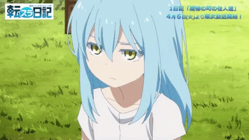 A Girl With Blue Hair And Green Eyes Is Standing In A Field GIF