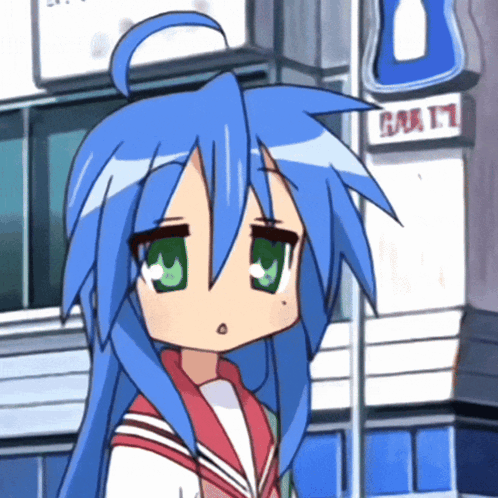 A Girl With Blue Hair And Green Eyes Is Standing In Front Of A Store That Says ' Lucky Star ' On It GIF