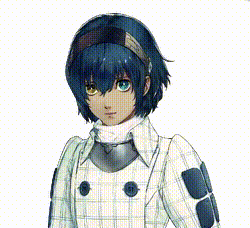a girl with blue hair and green eyes is wearing a white jacket and a scarf around her neck .
