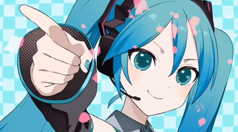 A Girl With Blue Hair And Headphones Is Pointing At The Camera GIF