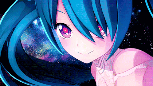 A Girl With Blue Hair And Pink Eyes Looks At The Camera With A Galaxy In The Background GIF