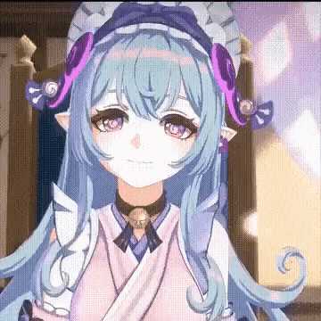 A Girl With Blue Hair And Purple Ears Is Wearing A Maid Costume And A Hat . GIF