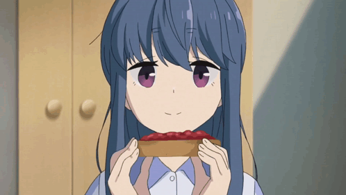 A Girl With Blue Hair And Purple Eyes Is Eating A Piece Of Toast GIF