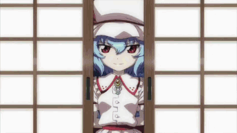 A Girl With Blue Hair And Red Eyes Looks Out Of A Window GIF
