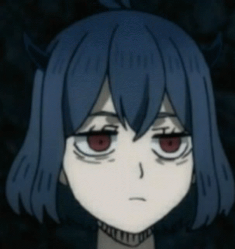 A Girl With Blue Hair And Red Eyes Looks Tired GIF