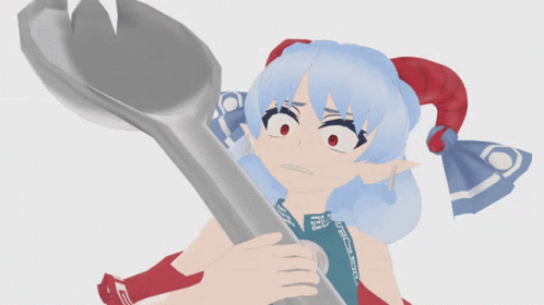A Girl With Blue Hair And Red Horns Is Holding A Large Wrench In Her Hands GIF