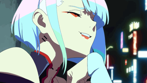 A Girl With Blue Hair And Red Lips Is Smiling GIF