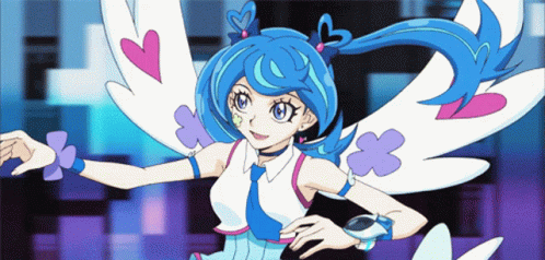A Girl With Blue Hair And White Wings Has Hearts On Her Wings GIF