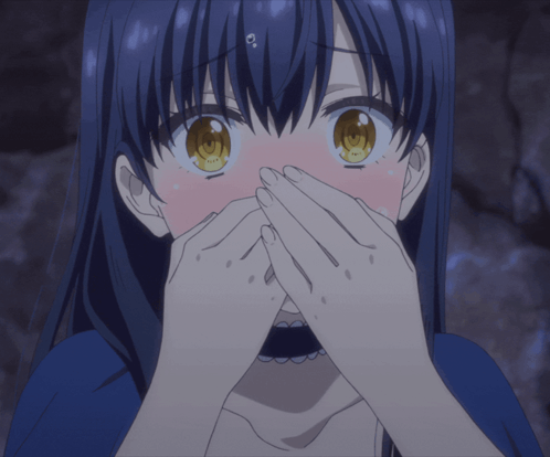 A Girl With Blue Hair And Yellow Eyes Covering Her Mouth With Her Hands GIF