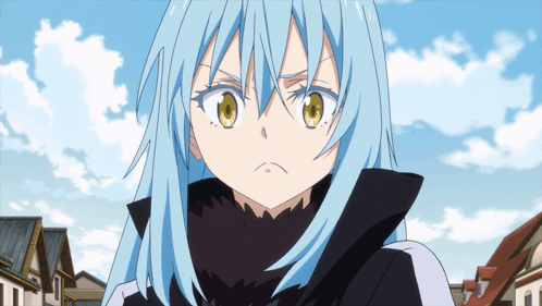 A Girl With Blue Hair And Yellow Eyes Stands In Front Of A City GIF