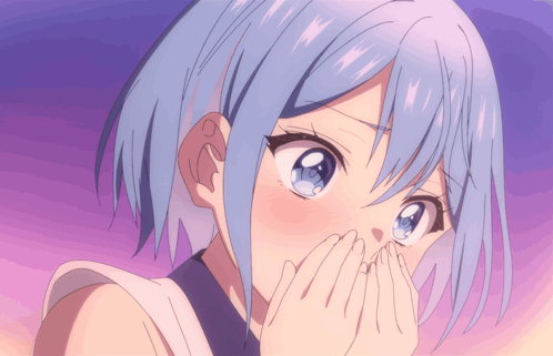 A Girl With Blue Hair Covering Her Face With Her Hands GIF