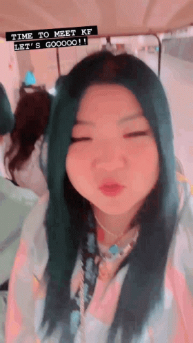 A Girl With Blue Hair Is Blowing A Kiss With The Words Time To Meet Kf Let 'S Gooooo GIF
