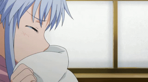 A Girl With Blue Hair Is Covering Her Face With A White Blanket GIF