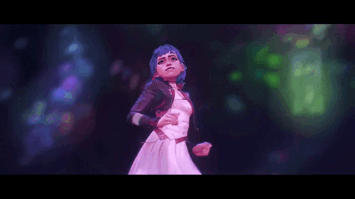 A Girl With Blue Hair Is Dancing In A Dark Room In A Video Game . GIF