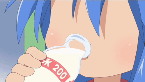 A Girl With Blue Hair Is Drinking Milk From A Bottle That Says 200 On It GIF