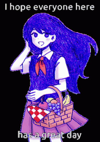 A Girl With Blue Hair Is Holding A Basket Of Fruit GIF