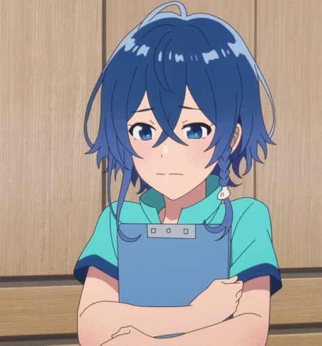 A Girl With Blue Hair Is Holding A Clipboard With The Letter O On It GIF