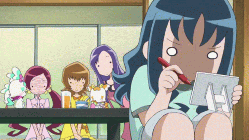 A Girl With Blue Hair Is Holding A Red Pen GIF